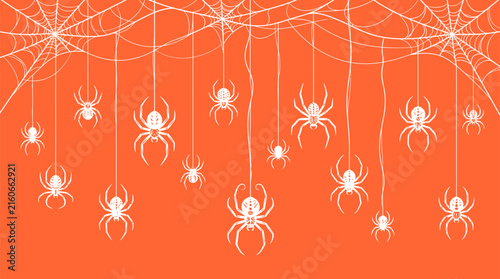 Spooky halloween celebration banner featuring hanging spiders and sticky webs across a vibrant orange surface creating an eerie atmosphere for seasonal festival party invitations and holiday