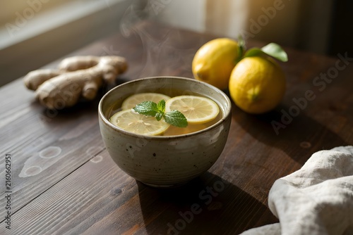 Warming bowl of steaming hot lemon and ginger tea with fresh mint and lemon slices, served on a rustic wooden table with whole ginger root and lemons nearby.