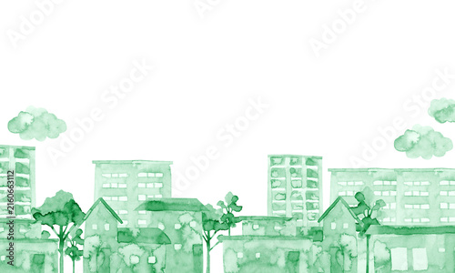 Plakat 街並み 緑 背景 風景 水彩 イラスト
