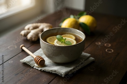 A warm and comforting bowl of ginger lemon tea with fresh mint, served with a honey dipper on a rustic wooden table, evoking a sense of cozy morning.