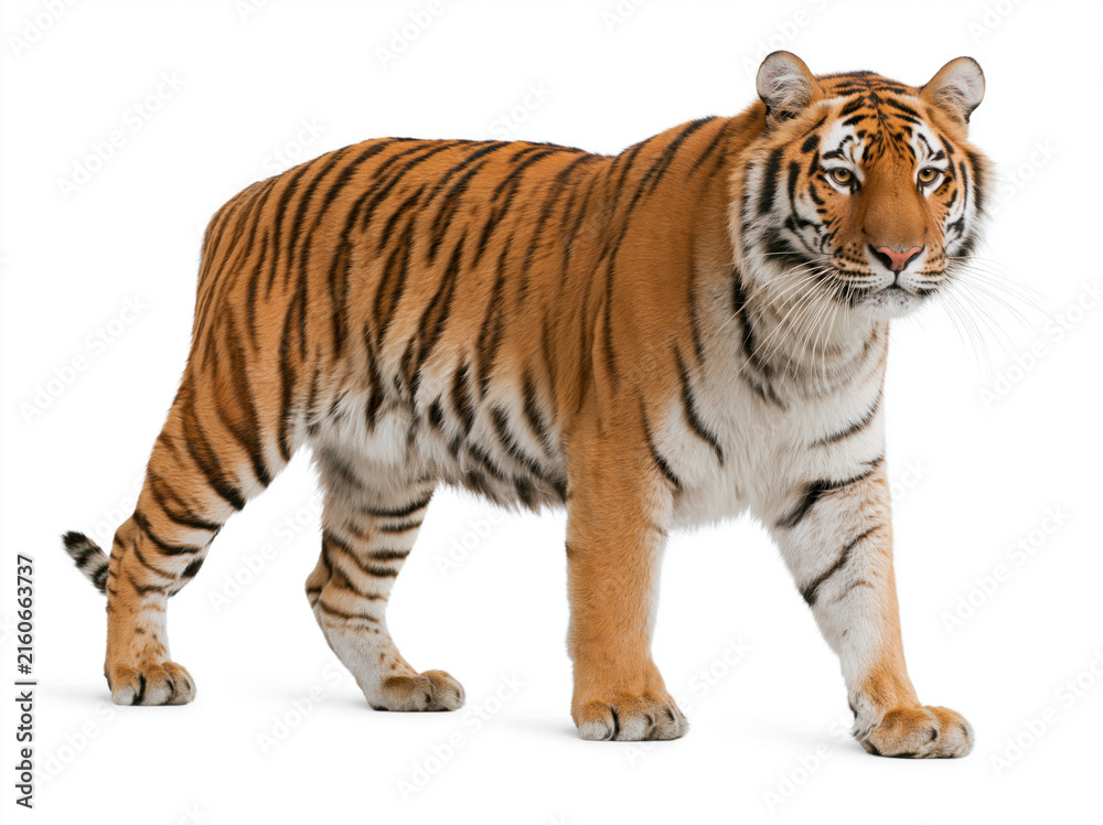 Obraz premium Bengal tiger side view full body on white background