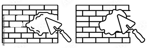 Brick wall repair construction vector illustration with trowel tool and mortar plaster icon set construction building