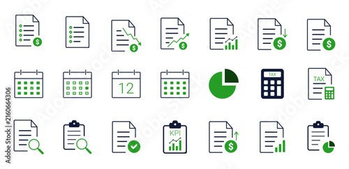 Business and Financial Report Icon Set with Accounting, Tax, KPI and Analytics Symbols