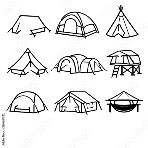 Minimalist black line art sketches of different camping tents and outdoor shelters.