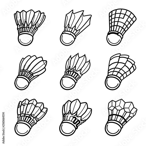 A collection of hand-drawn badminton shuttlecock illustrations arranged in a grid on a.
