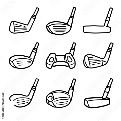 Hand-drawn black and white icons of various golf club heads on a white background.