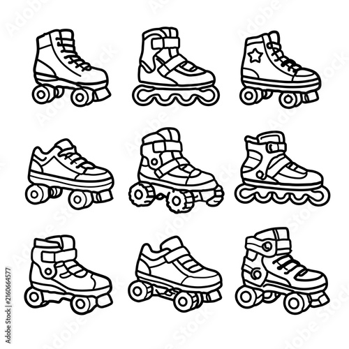 A set of minimalist black and white line art icons featuring different roller skates.
