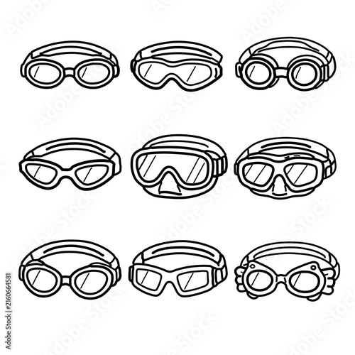 A collection of various swimming and diving goggles are depicted in a clean line art style.