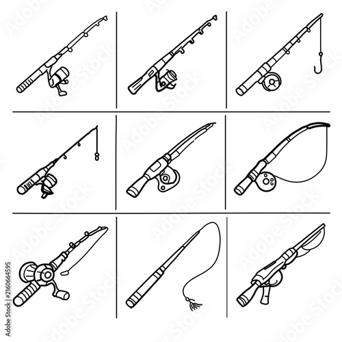 A set of nine minimalist black and white line art icons depicting various fishing rods.