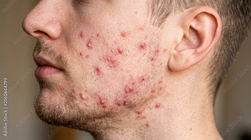 Naklejka premium Young Man with Severe Acne Inflammation and Pimples on Cheek Skin