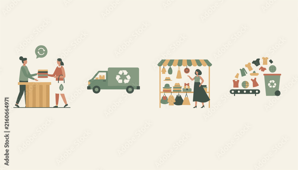 Fototapeta premium Informative infographic illustrates the process of sustainable fashion, recycling clothes, and supporting secondhand thrift markets.