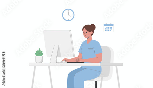 Medical receptionist or nurse in light blue scrubs works on a computer at her desk inside a clinic under a wall clock.