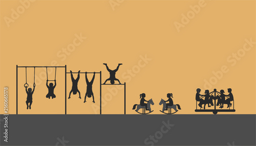 Silhouettes of children playing on various playground equipment against a warm yellow sunset sky background.