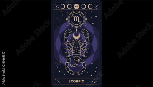 Mystical tarot card illustration representing the Scorpio zodiac sign with stars and astrological symbols.