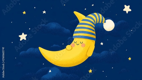 Obraz w ramie Adorable bright yellow crescent moon character with rosy cheeks and peaceful sleeping face, wearing oversized striped nightcap with fluffy white pompom, floating in deep blue night sky filled with