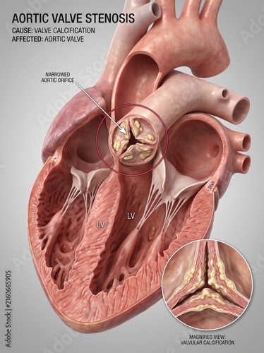 Human Heart Anatomy Illustration Showing Aortic Valve Stenosis and Valvular Calcification
