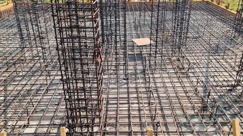 Intricate Steel Reinforcement Structure for a Large Foundation Slab and Vertical Columns