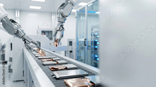 Automated electric vehicle battery assembly line with robotic arm handling components in clean industrial factory environment