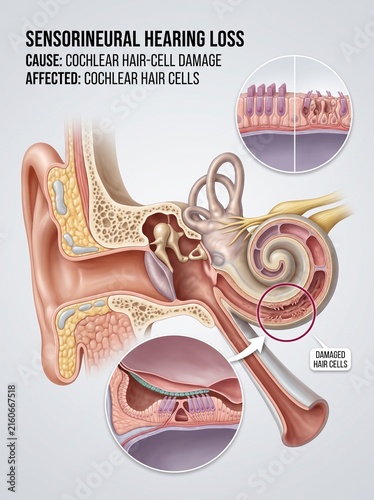 Medical Diagram of Sensorineural Hearing Loss with Cochlear Hair Cell Damage in Human Ear Anatomy