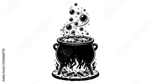 Magical witch cauldron brewing a bubbling potion over a burning camp fire with rising smoke creating mystery for fantasy stories and holiday celebration designs during the autumn season