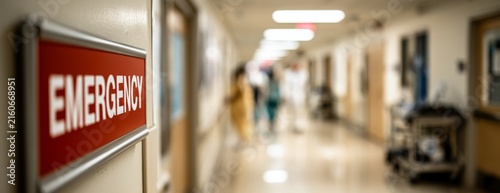 Emergency sign on a hospital wall with blurred corridor background  