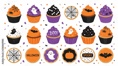 Halloween cupcakes and cookies vector illustration set with spooky ghosts, bats, pumpkins, and spiderwebs