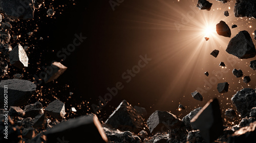 Asteroid fragment rocky debris dark studio background deep black center cosmic space bright sunlight crater surface floating rock dust particle asteroid fragment rocky debris space sunlight crater