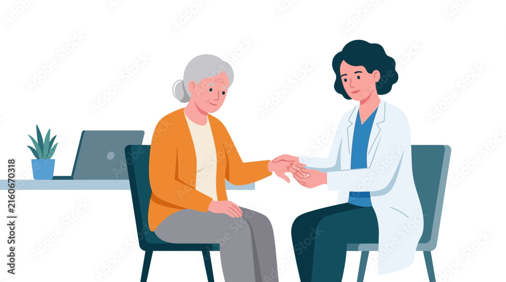 Fototapeta premium Professional rheumatologist and elderly female patient examining hand joints during medical consultation flat vector illustration