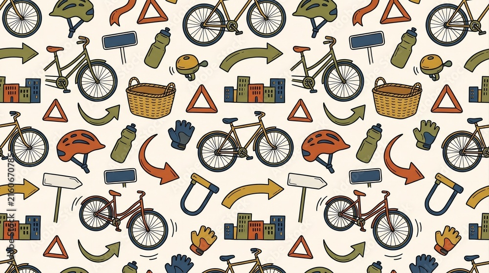 Seamless city cycling pattern with bicycles, helmets, and urban transport icons.