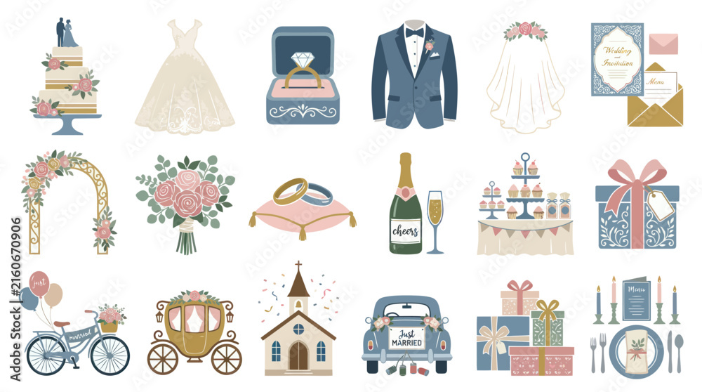 Fototapeta premium Flat Wedding Icons Collection: Bridal Ceremony Elements and Celebration Objects Vector Illustration.