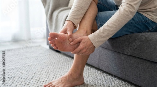 Man sitting on sofa rubbing tired painful foot dealing with muscle strain or plantar fasciitis symptoms at home