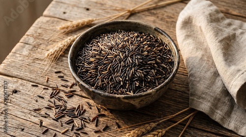 Ceramic bowl filled with raw wild rice on a rustic wooden table with wheat stalks