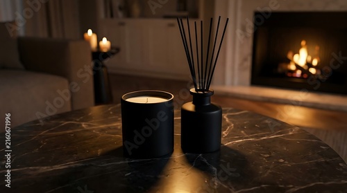 Scented candle and reed diffuser on a marble table in a cozy living room