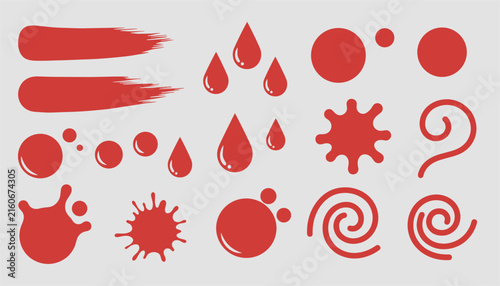 Collection of red paint elements including brush strokes, drops, splashes, and swirls on a light grey background.