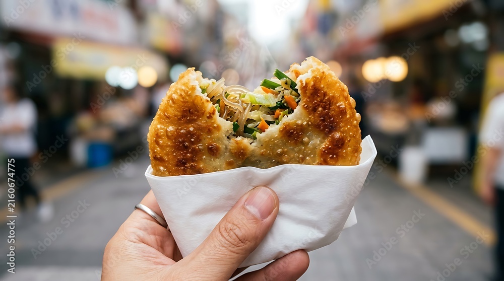 Naklejka premium Close up of a delicious takoyaki street food snack held in a hand outdoors