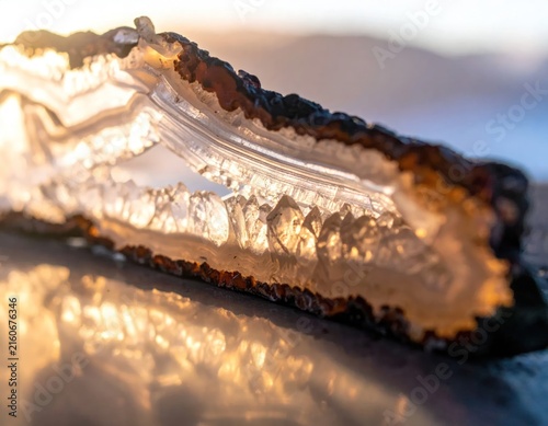Close up of translucent agate crystal with backlighting.
