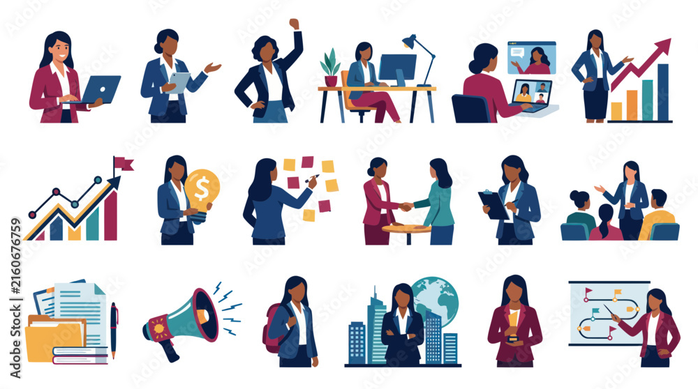 Fototapeta premium Flat Style Vector Icons of Businesswomen in Professional Settings, Finance Growth, and Teamwork
