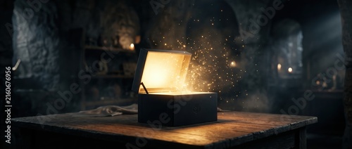 Mysterious Glowing Box on a Wooden Table in a Dark Enigmatic Room.