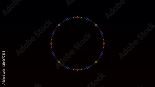 Flowing Multicolored Particles on a Circular Track with Red and Blue Nodes on Black – Abstract Particle Accelerator & Orbital Data Loop Background