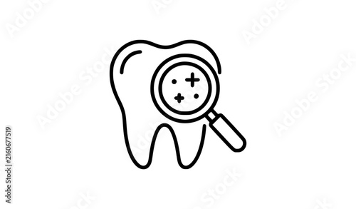 Tooth and Magnifying Glass Dental Checkup Line Vector Icon
