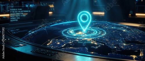 Global Location Pinpoint on Digital Map with Futuristic Technology Interface.
