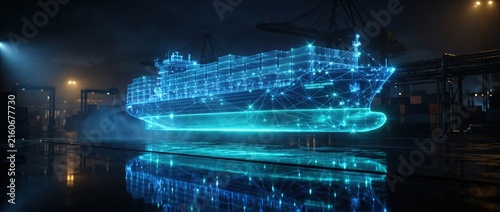 Futuristic Holographic Cruise Ship Projection in Dark Environment.