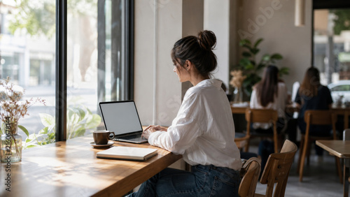Young woman working on laptop in cozy cafe with natural light, coffee cup, and notebook, focused on her task in relaxed atmosphere