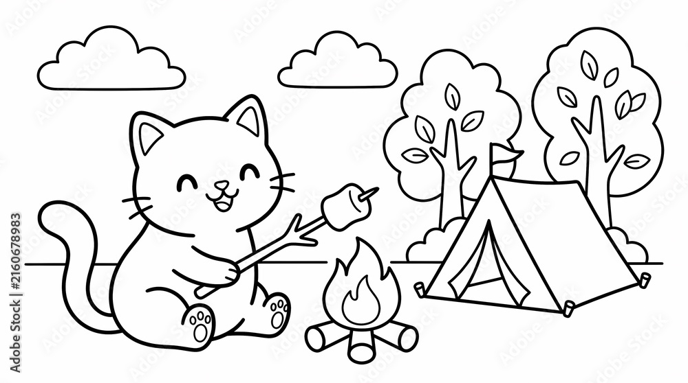 Naklejka premium Cute cat roasting a marshmallow by a campfire at a campsite, coloring book page illustration.