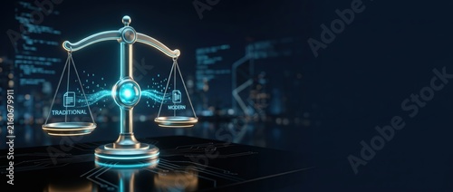 Digital Justice Scales with Glowing Balance on Dark Background.