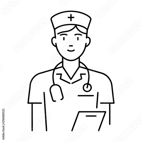 Nurse in white uniform with medical symbols, flat healthcare worker