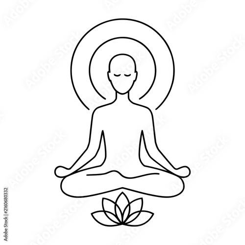 Person meditating in lotus pose with blooming lotus flower beneath
