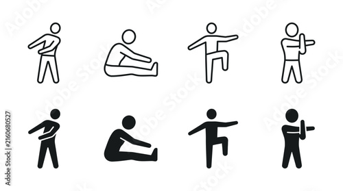 Body stretching and flexibility exercises icons set demonstrating various upper and lower body warm up movements