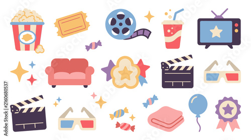 A collection of cute cartoon illustrations depicting various items for a movie night, home cinema, or entertainment party, including popcorn, film reels, tickets, and 3D glasses.