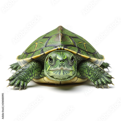 Small green turtle with detailed shell pattern and textured skin looking directly at the camera in a professional studio photography shot